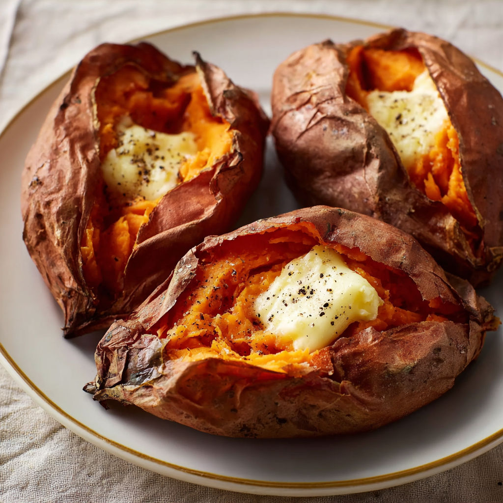 Three sliced sweet potatoes with cheese on a plate.