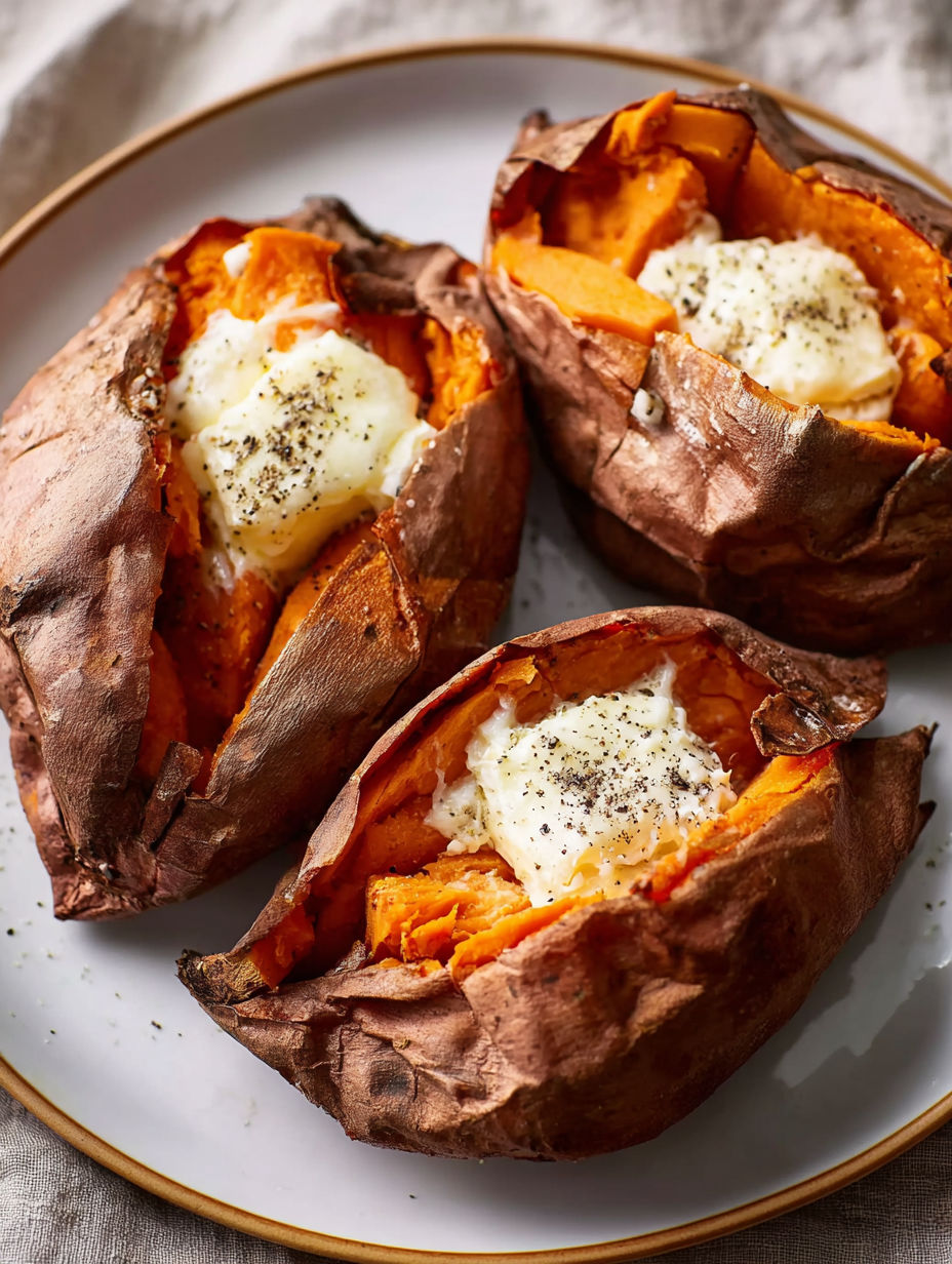 Three roasted sweet potatoes with white cheese on top.