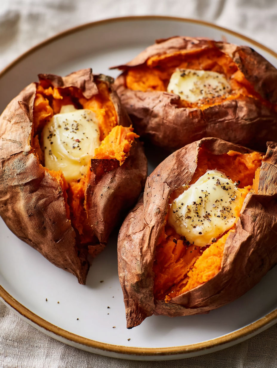 Three sliced sweet potatoes with cheese on top.