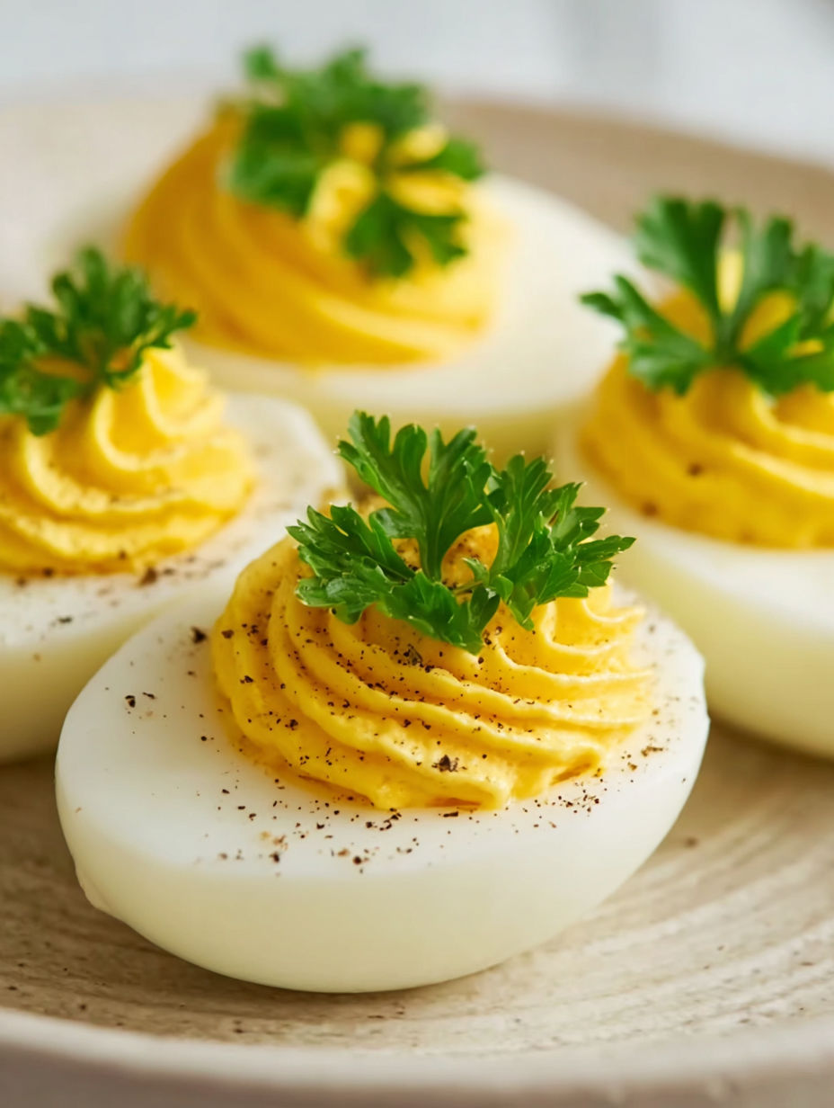 Three eggs with yellow sauce and parsley.