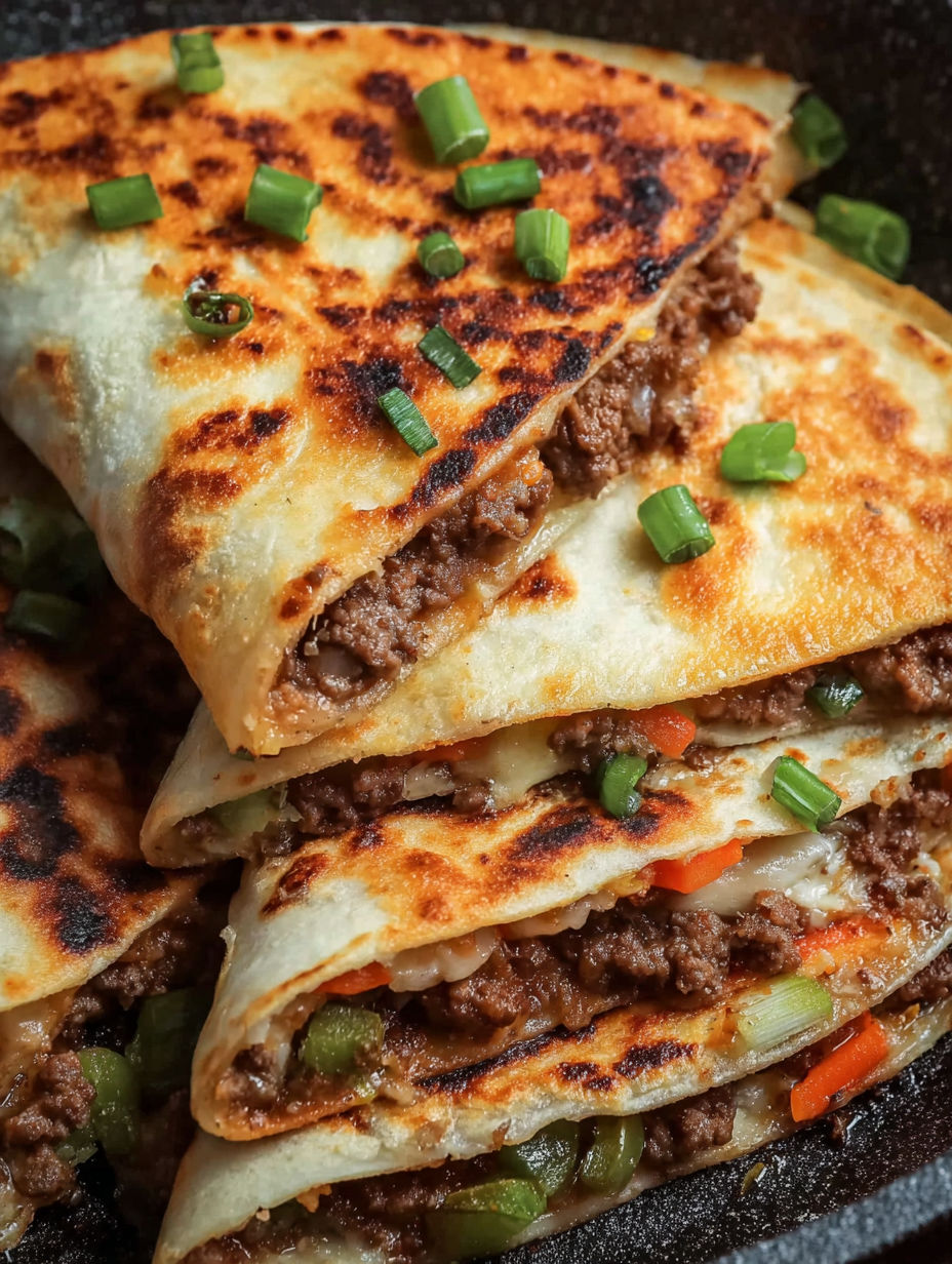 A stack of Korean beef quesadillas.