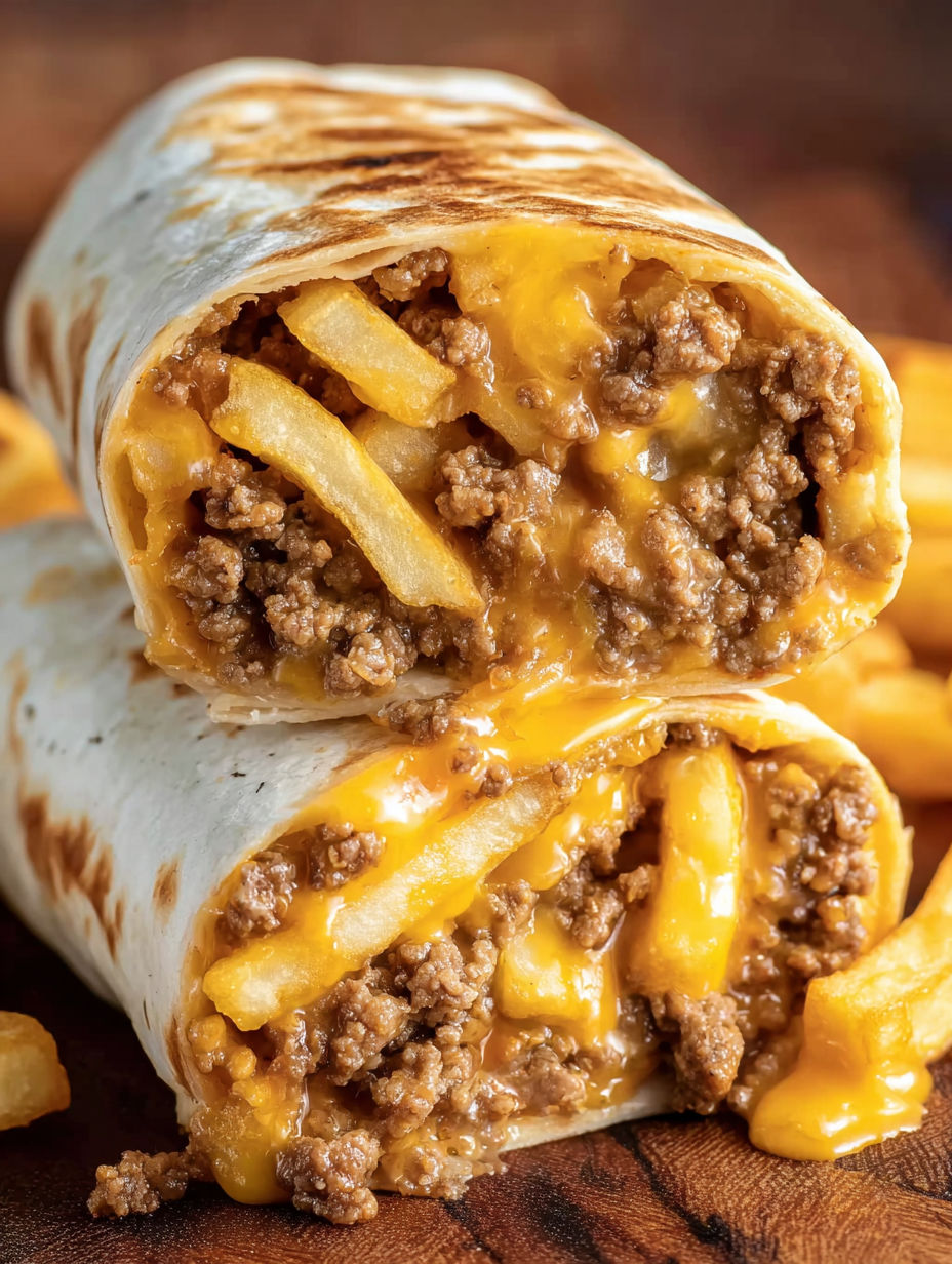 A burrito filled with beef and cheese.