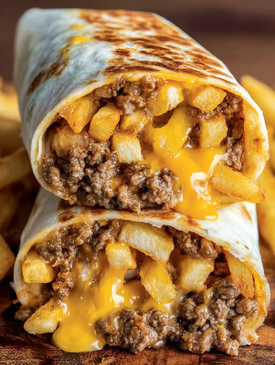 A burrito filled with beef and cheese.