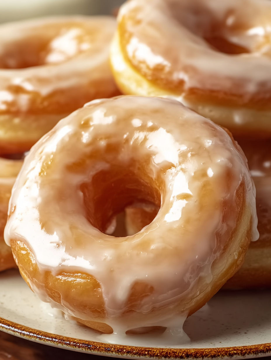 A dozen glazed doughnuts on a plate.