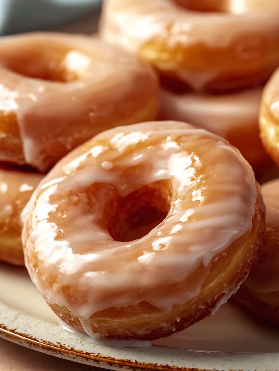 A dozen glazed doughnuts on a plate.