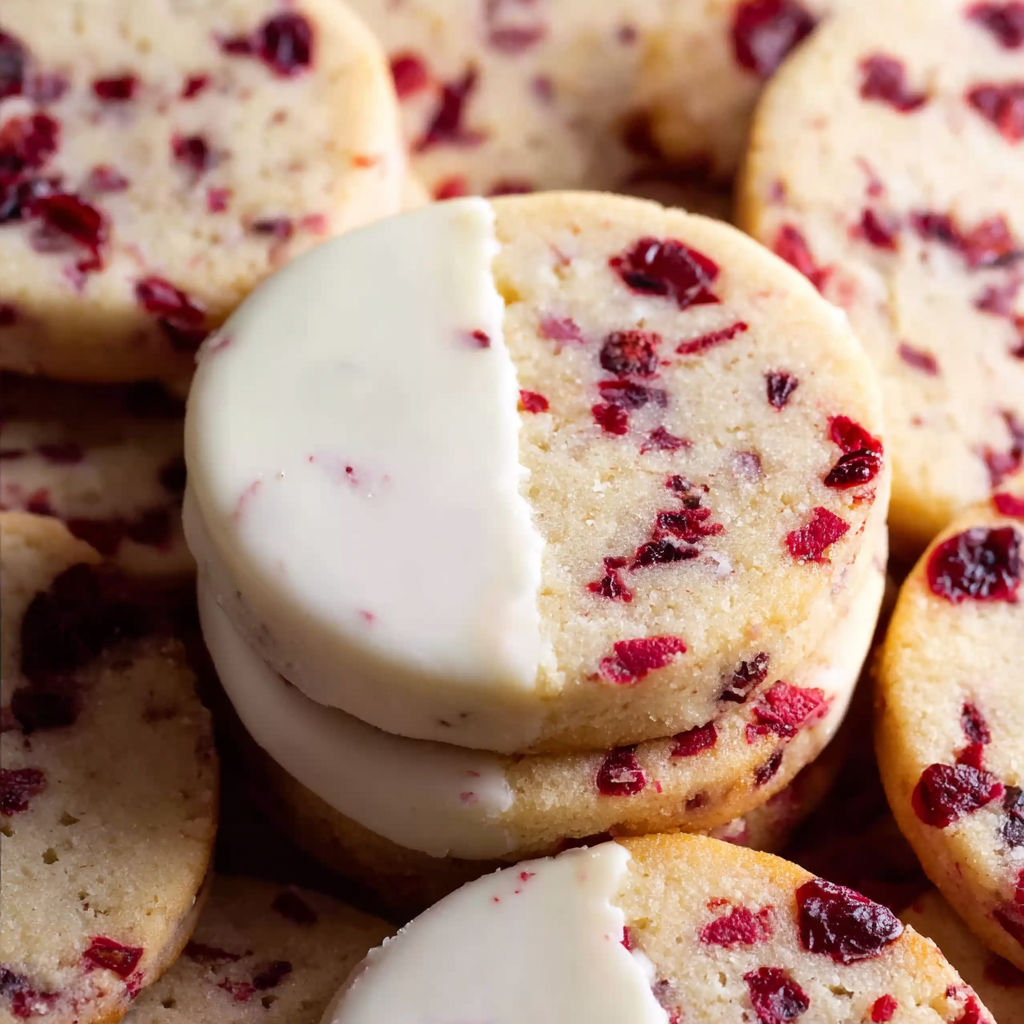 Cranberry-Mandel-Shortbread-Cookies mit weißer Schokolade.