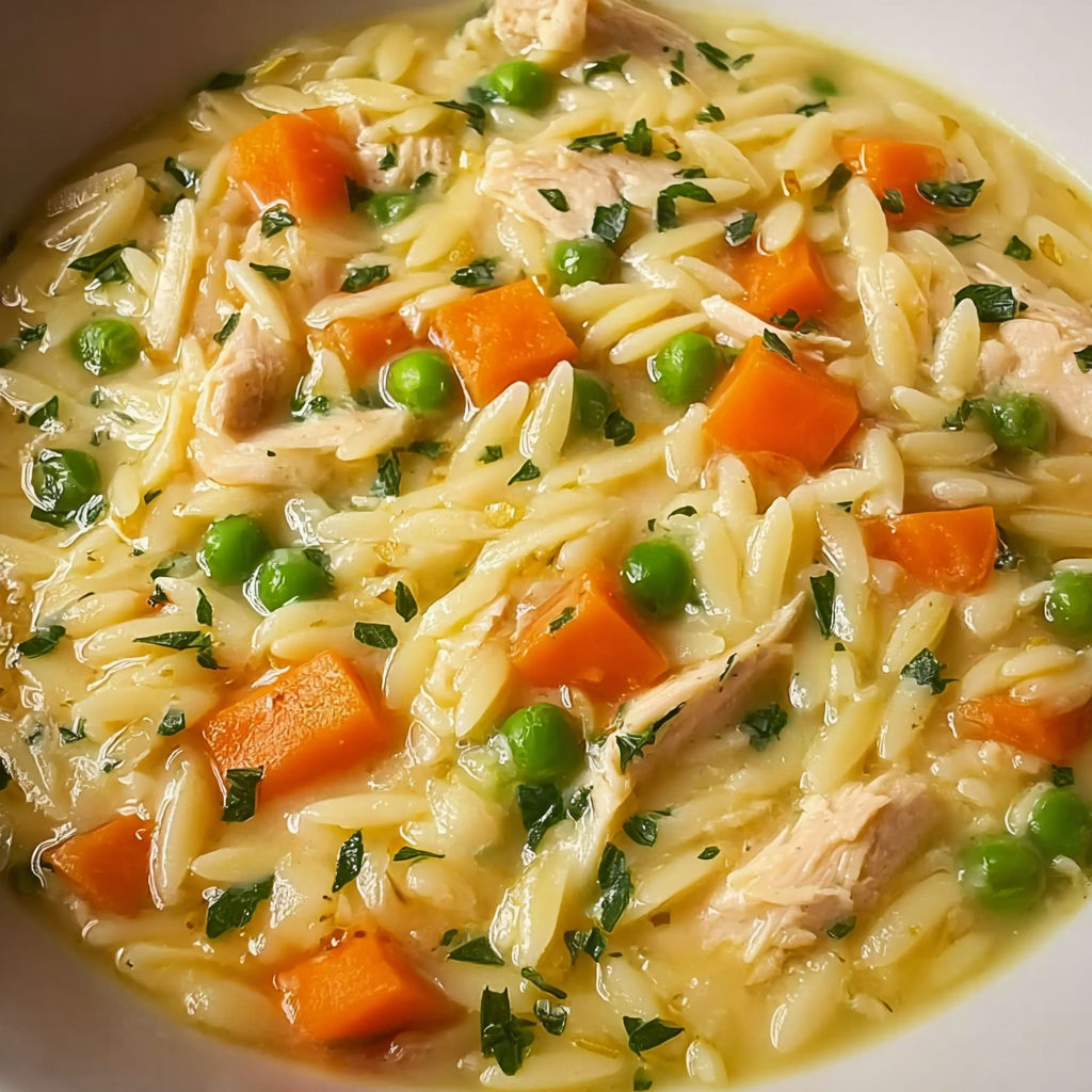 A bowl of soup with chicken, peas, and carrots.