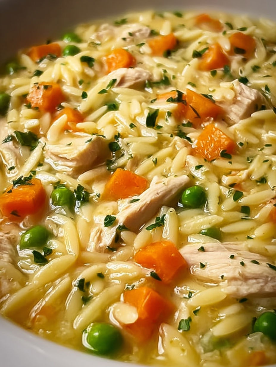 A bowl of soup with chicken, peas, and carrots.