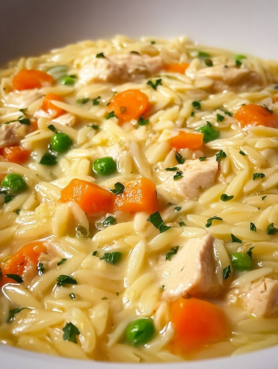 A bowl of soup with chicken, peas, carrots, and herbs.