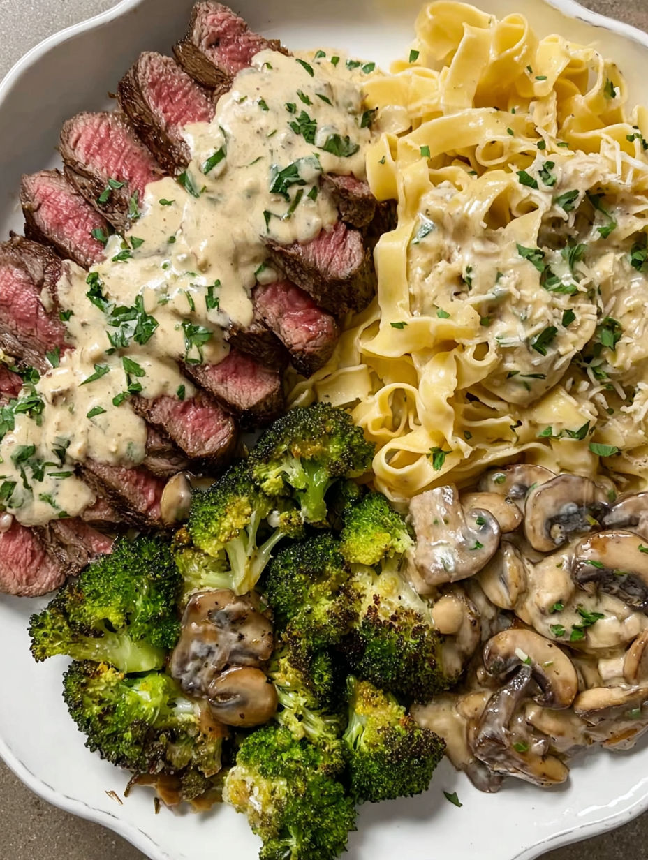 A plate of food with a creamy sauce, mushrooms, broccoli, and pasta.