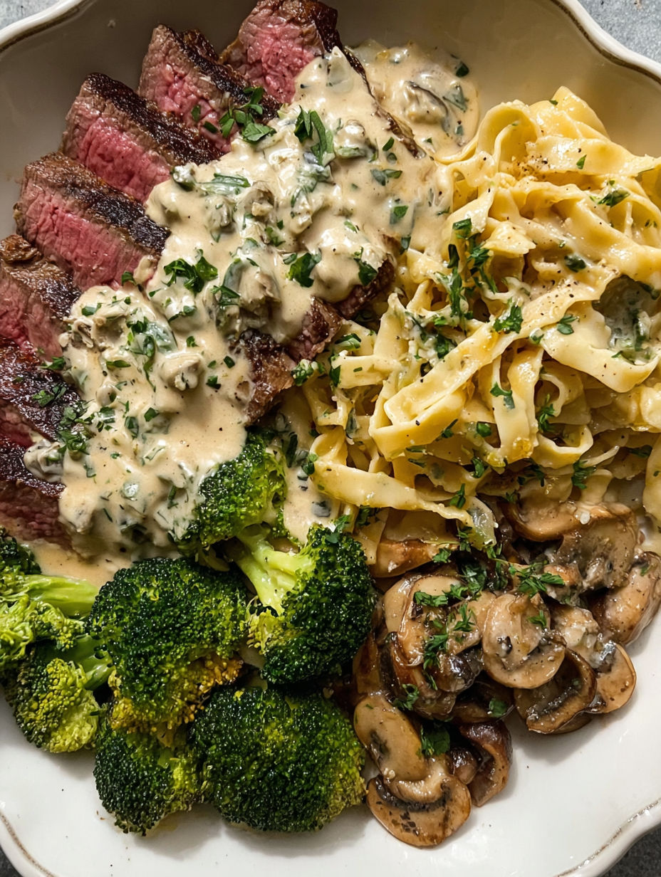 A plate of food with a creamy steak, pasta, mushrooms, and broccoli.