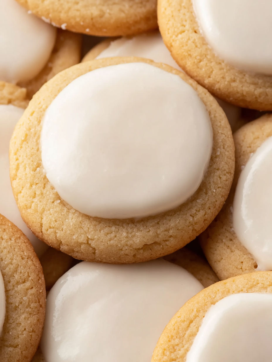 A pile of white cookies with white frosting.
