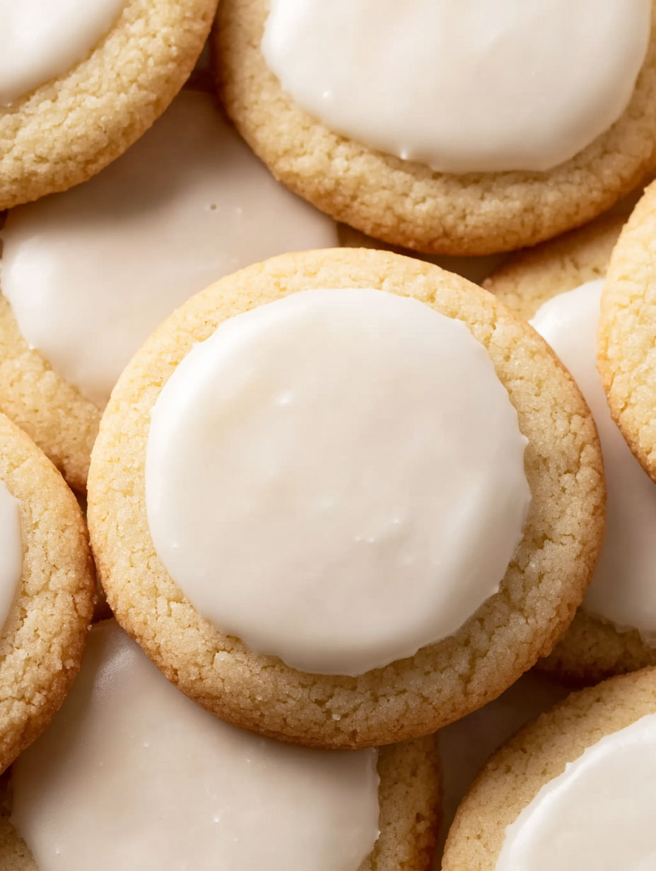 A close up of a cookie with white frosting.