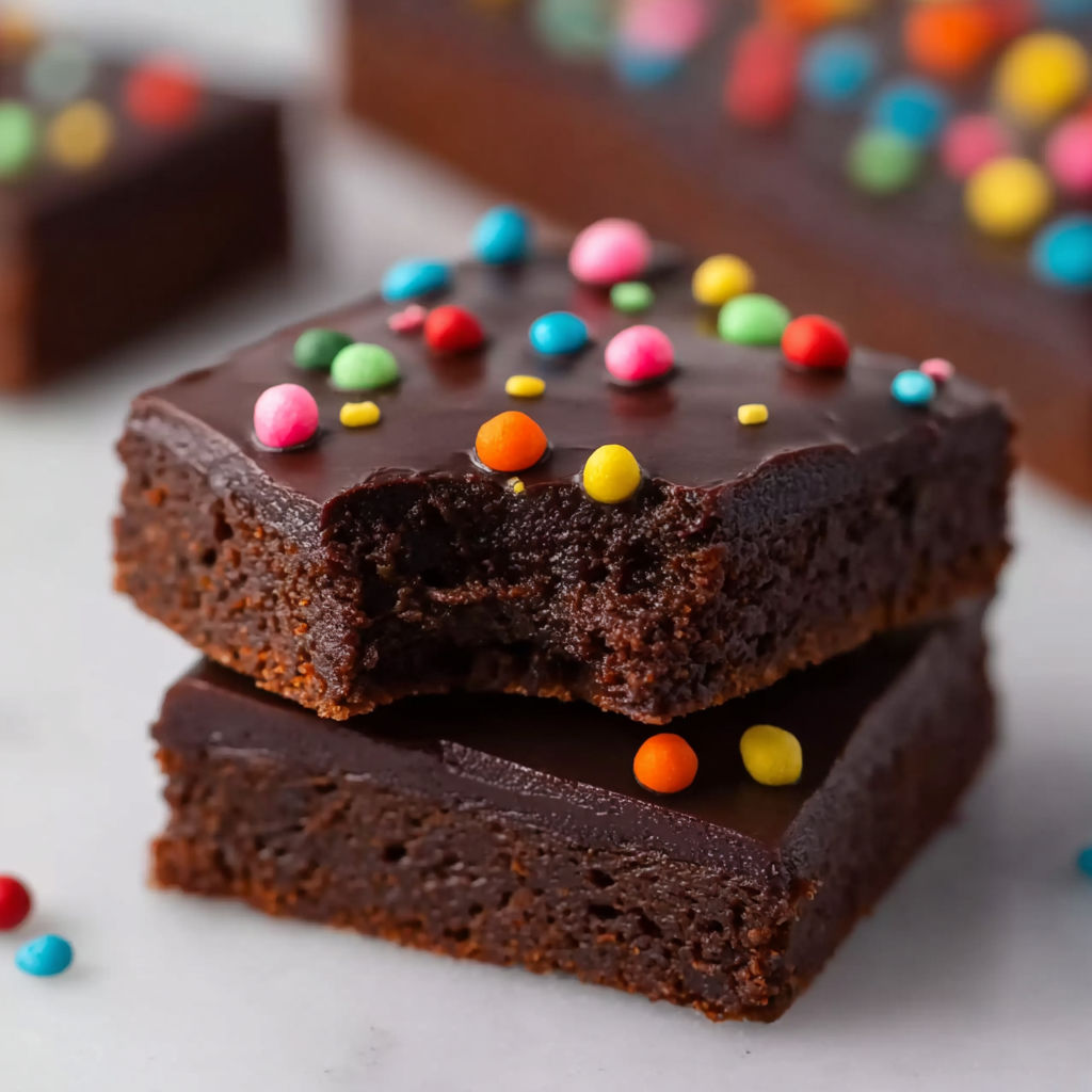 A close up of a chocolate brownie with sprinkles.