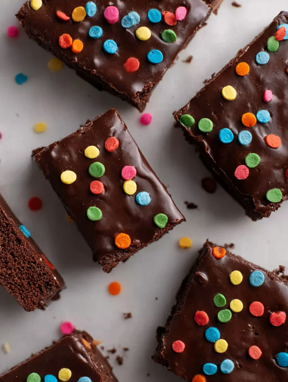 A plate of brownies with chocolate and rainbow sprinkles.