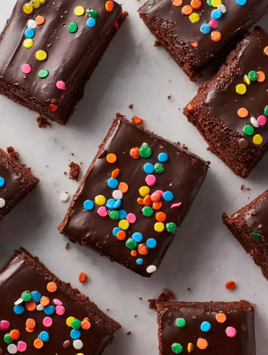A close up of a chocolate dessert with sprinkles.