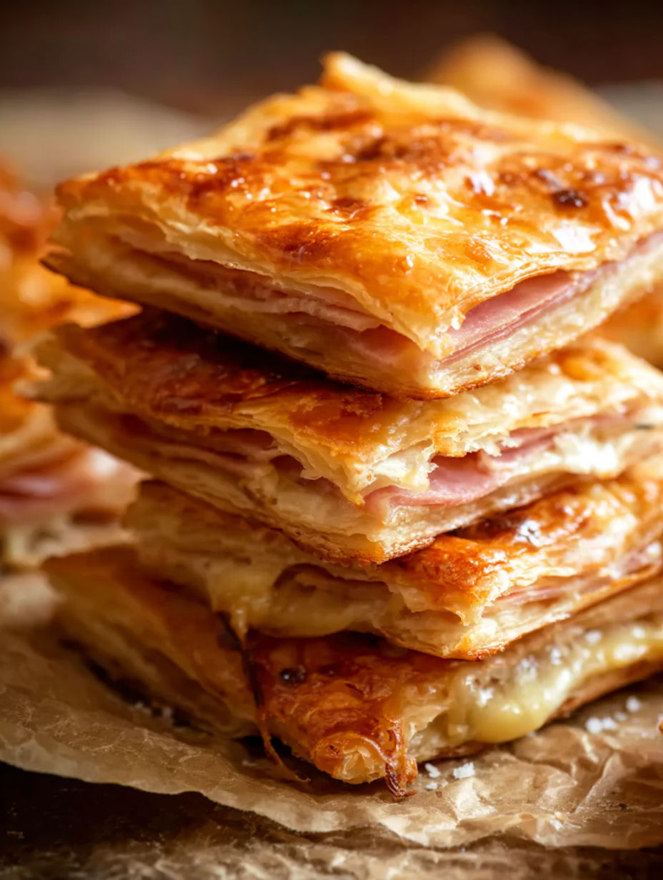 A stack of ham and cheese sandwiches.