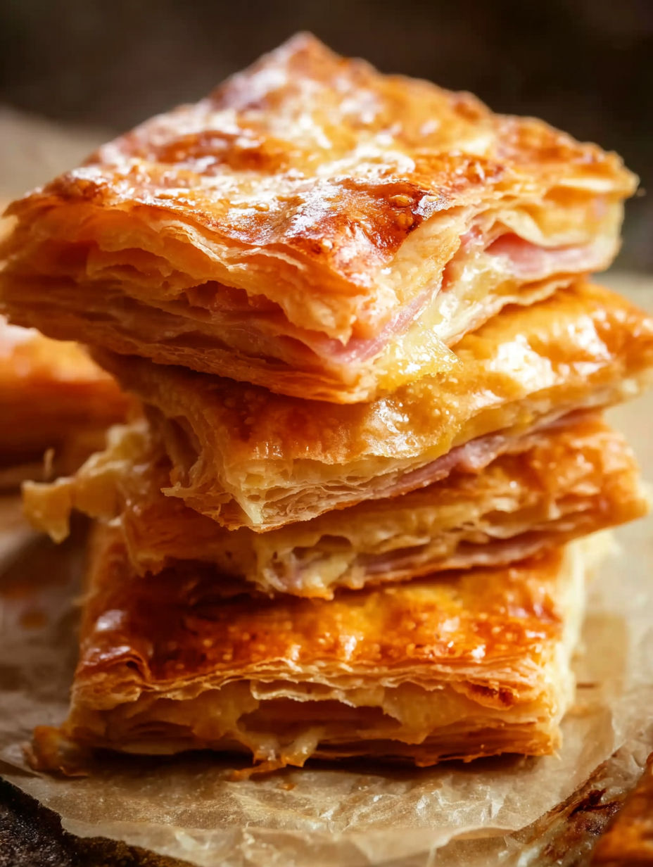 A stack of Lieblings-Blätterteig-Häppchen mit Schinken & Käse.