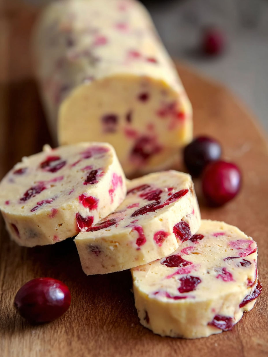 A stack of cranberry shortbread cookies.