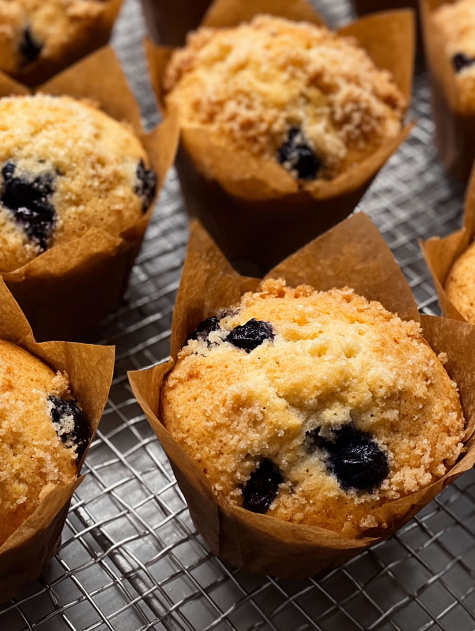 A tray of bakery-style blueberry muffins.