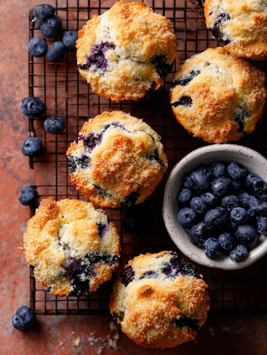 A tray of blueberry muffins with a bowl of blueberries.