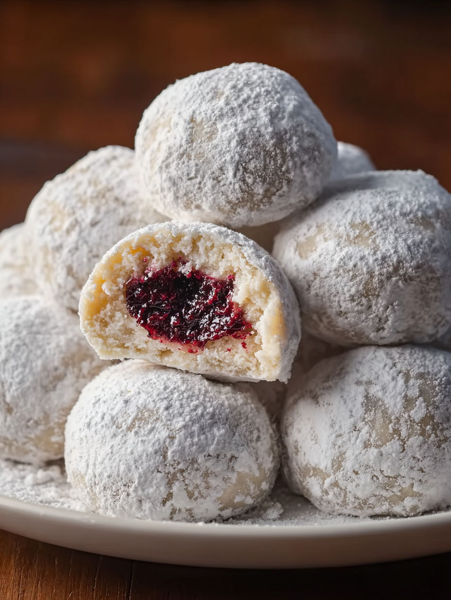 A plate of Raspberry Almond Snowballs.