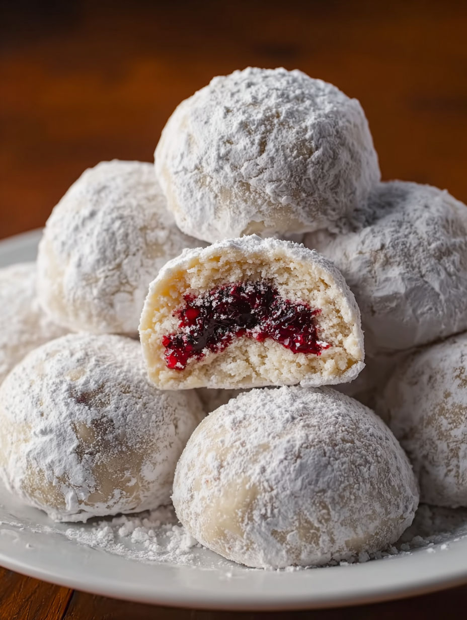 A plate of Raspberry Almond Snowballs.