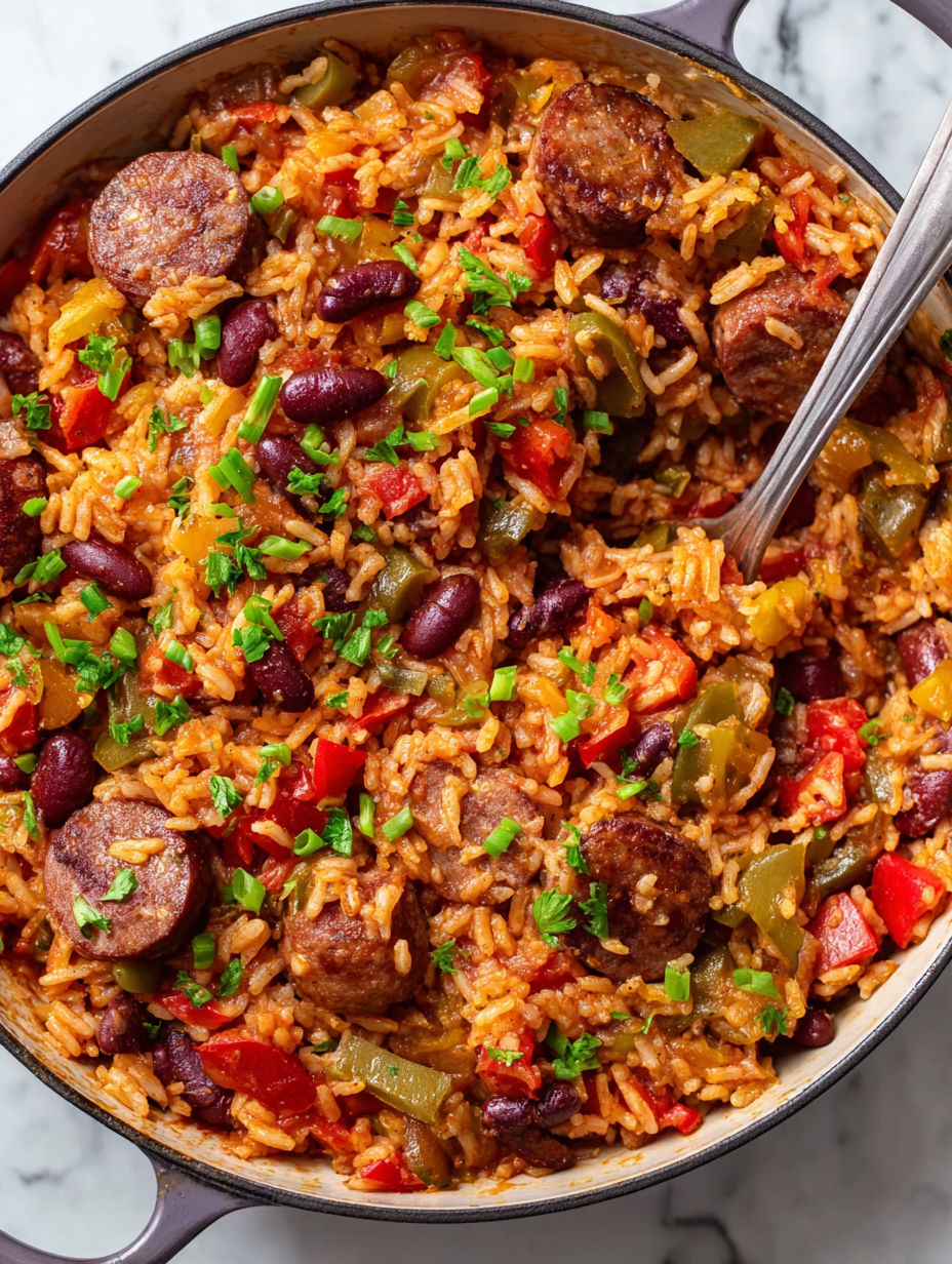 A bowl of rice with sausage and vegetables.