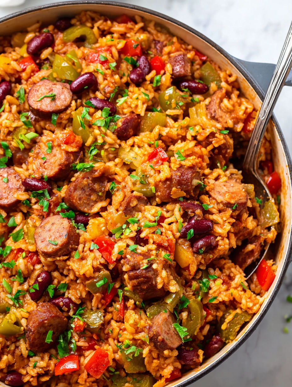 A bowl of rice with sausage and vegetables.
