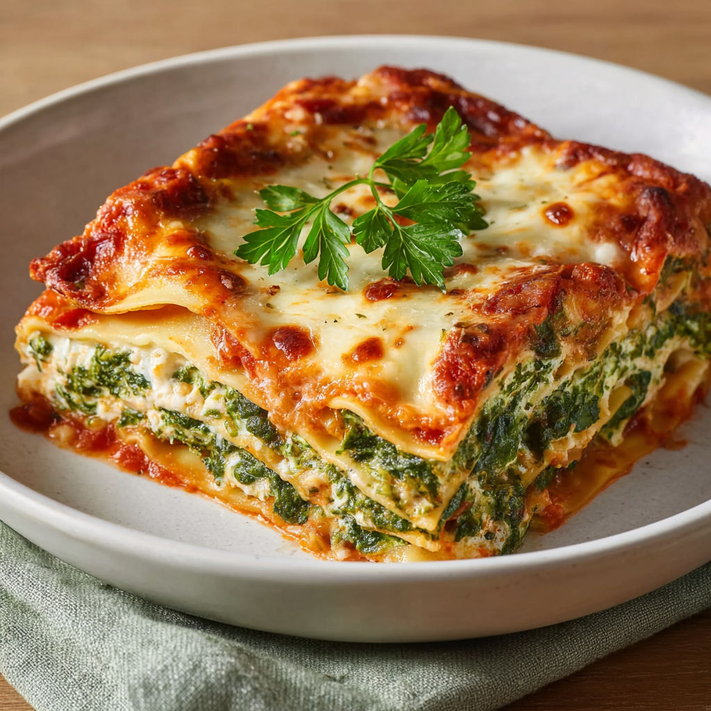 A plate of lasagna with spinach and feta cheese.