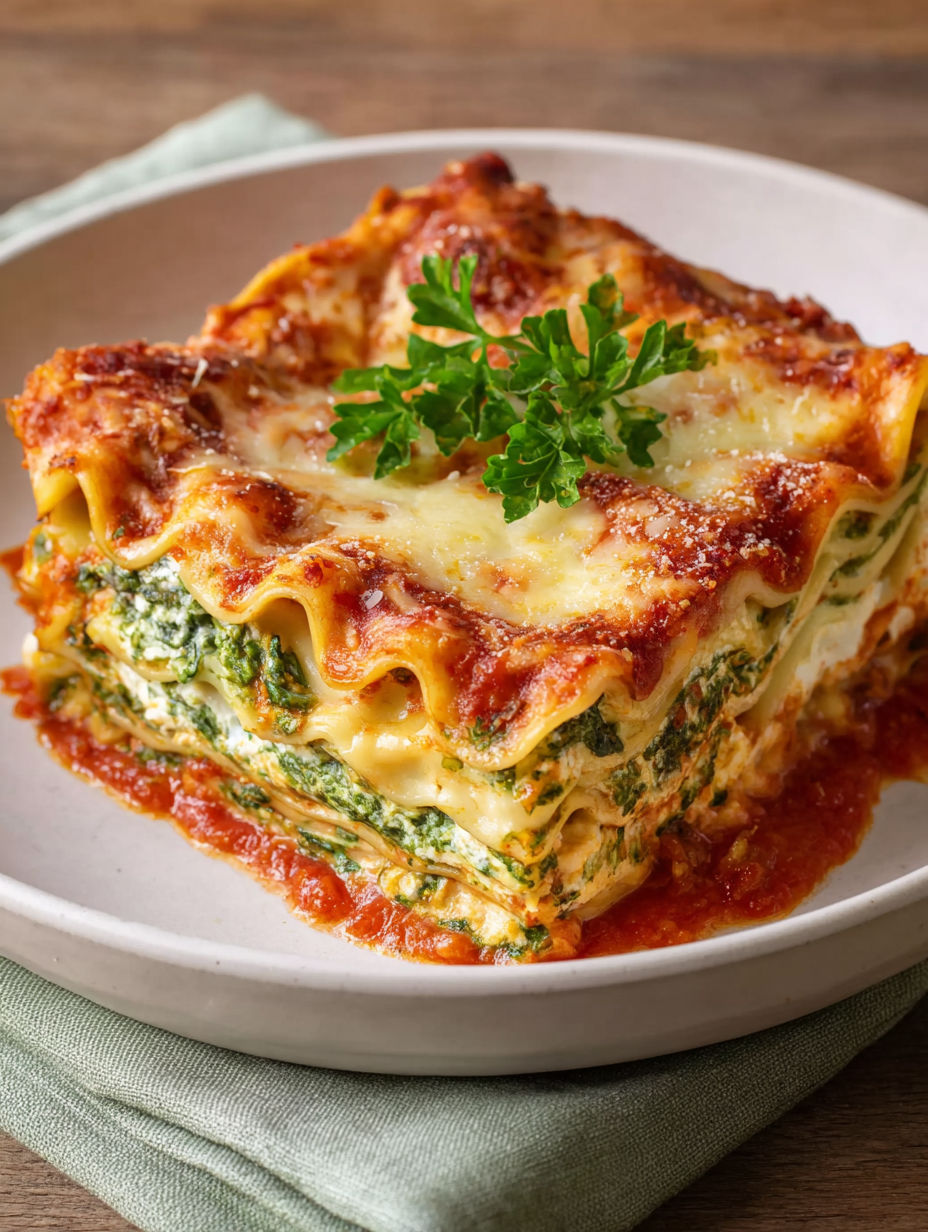 A plate of spinatlasagne with feta and tomatoes.