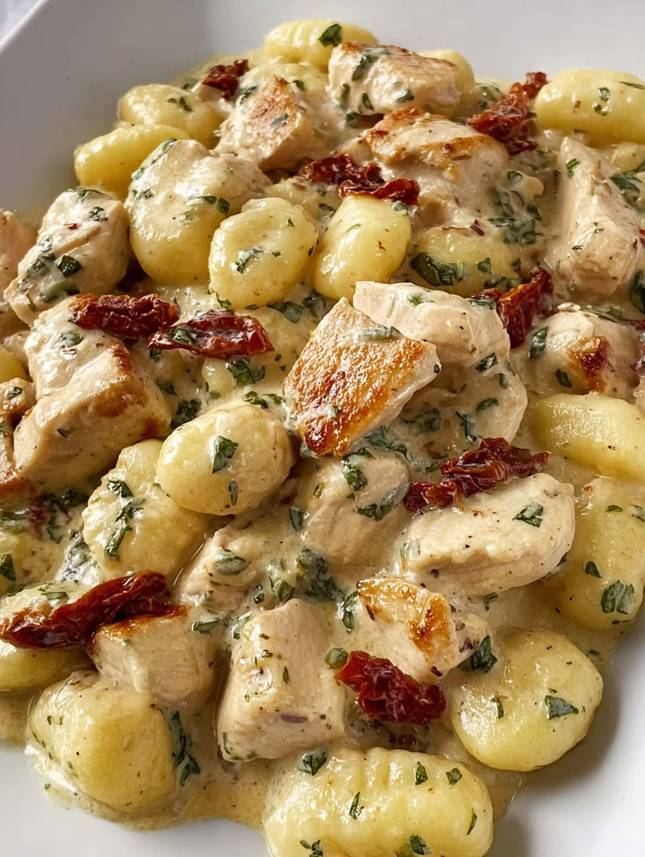 A plate of food with chicken and gnocchi.