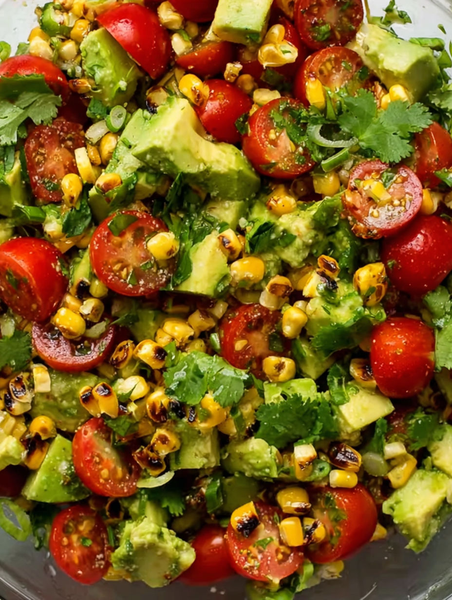 A colorful salad with tomatoes, corn, and avocado.