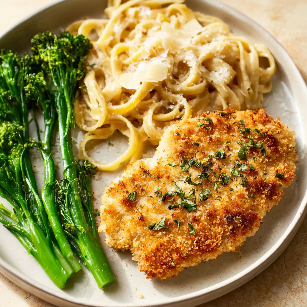 A plate of food with Parmesan-crusted chicken and broccoli.