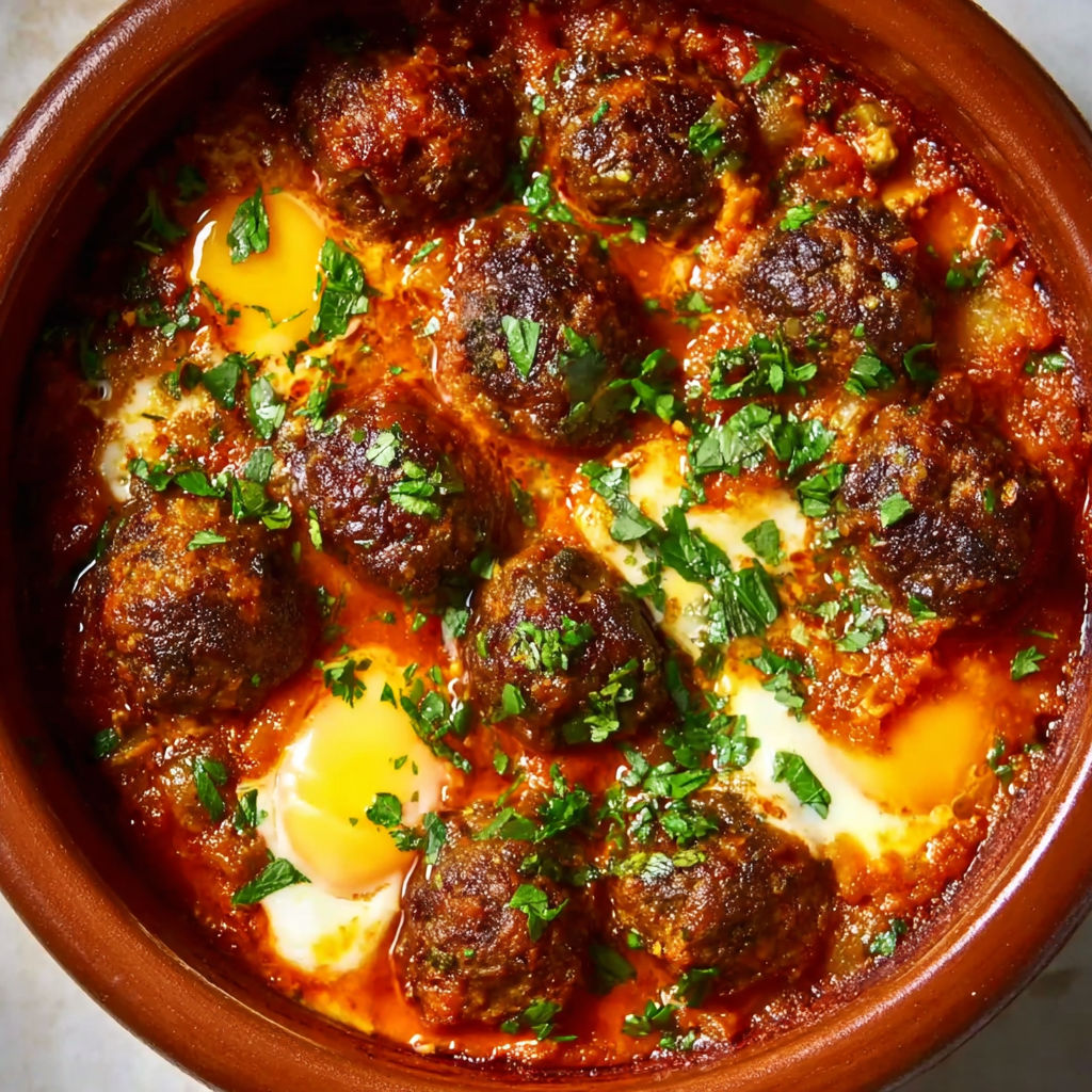 A bowl of meatballs with a fried egg on top.