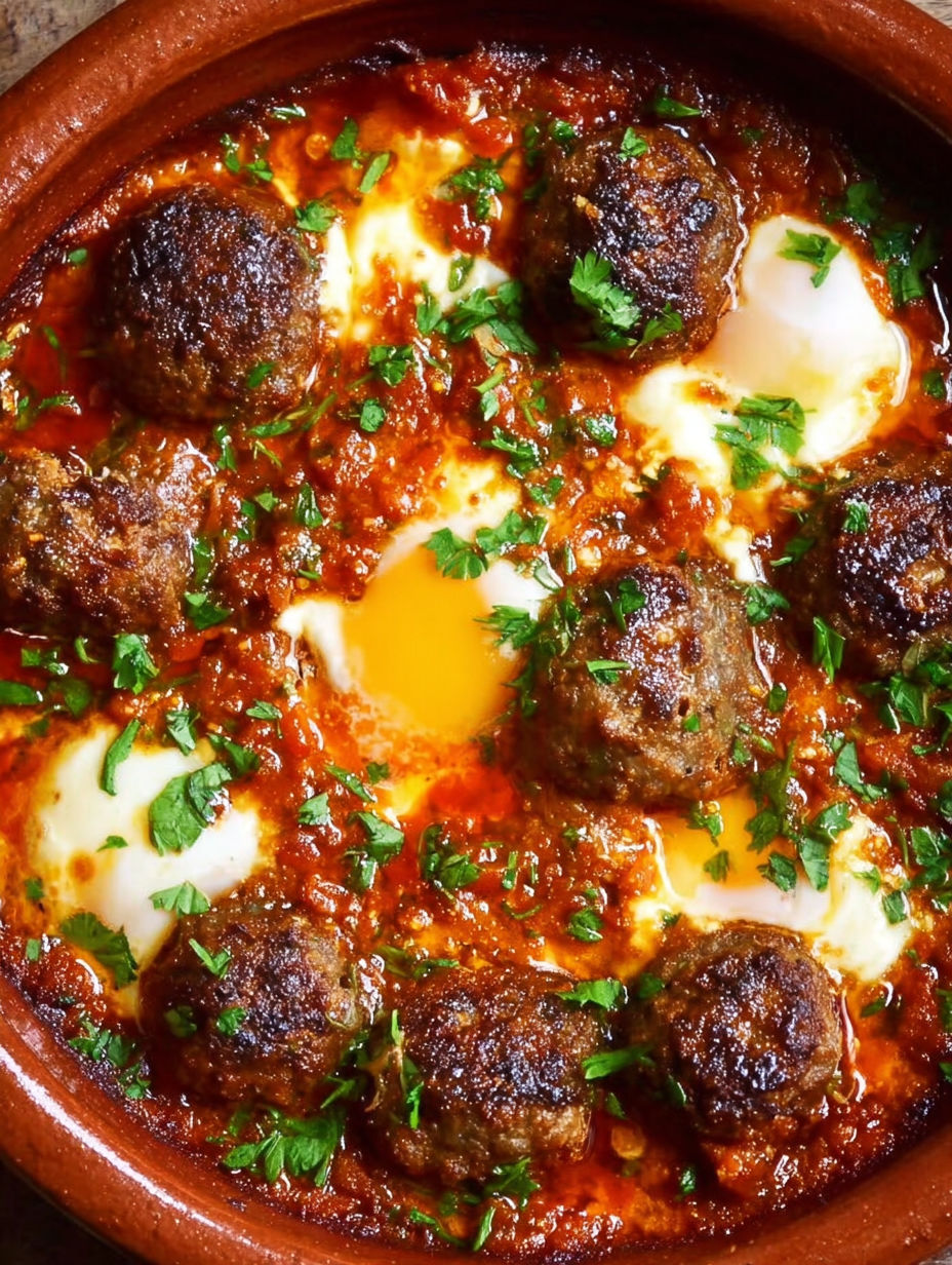 A bowl of meatballs with eggs on top.