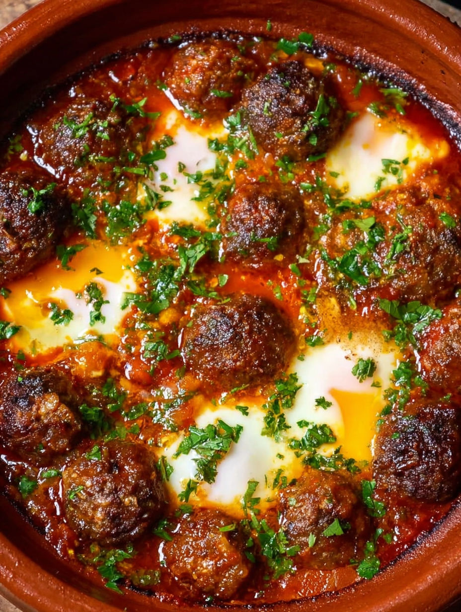 A bowl of meatballs with a fried egg on top.