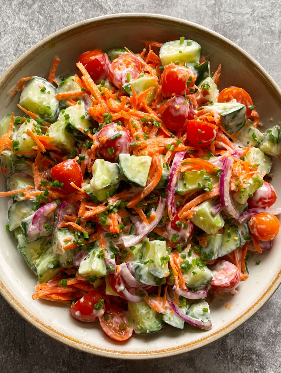 A bowl of vegetables with a salad dressing.