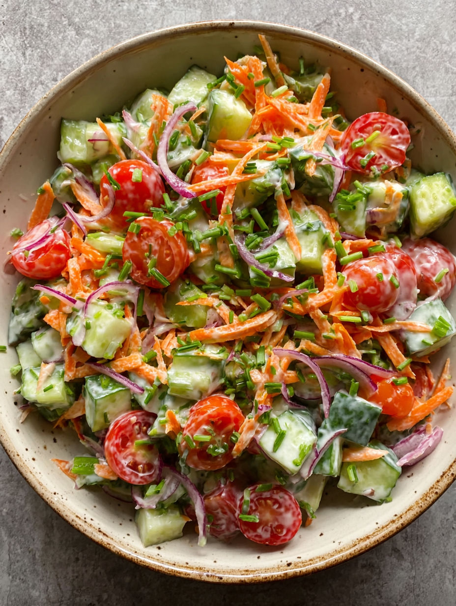 A bowl of vegetables including tomatoes, carrots, and cucumbers.