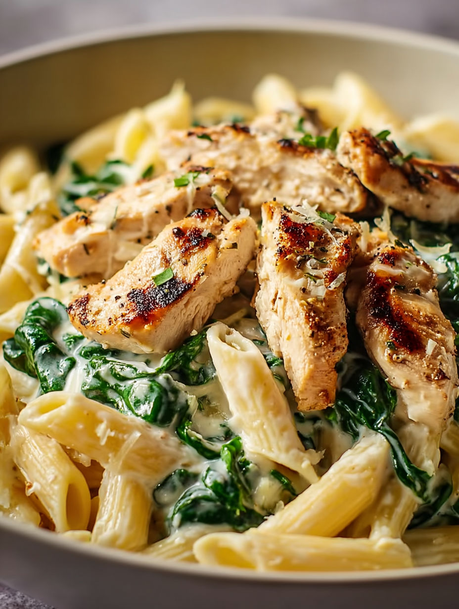 A plate of pasta with chicken and spinach.