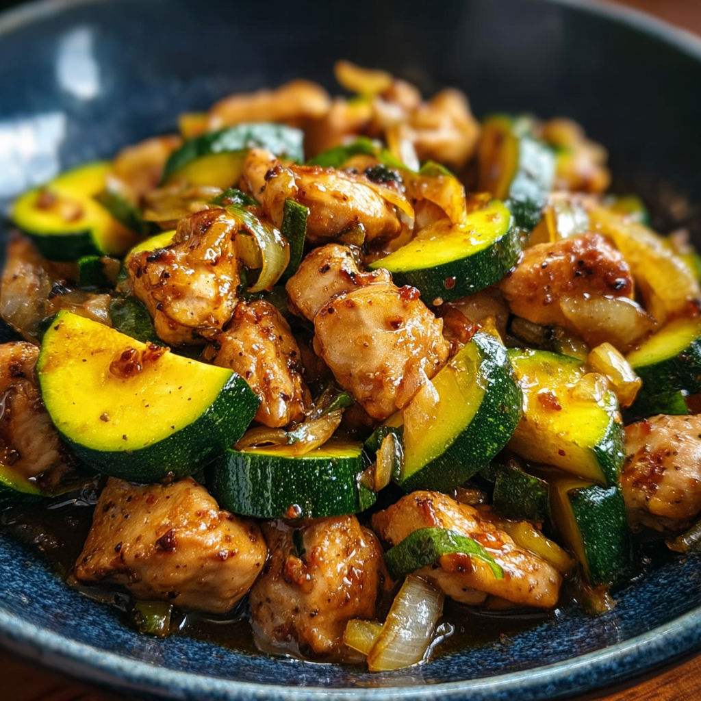 A bowl of chicken and zucchini.