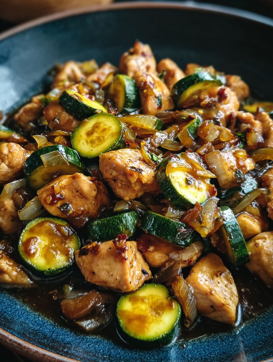 A dish of chicken with zucchini and onions.