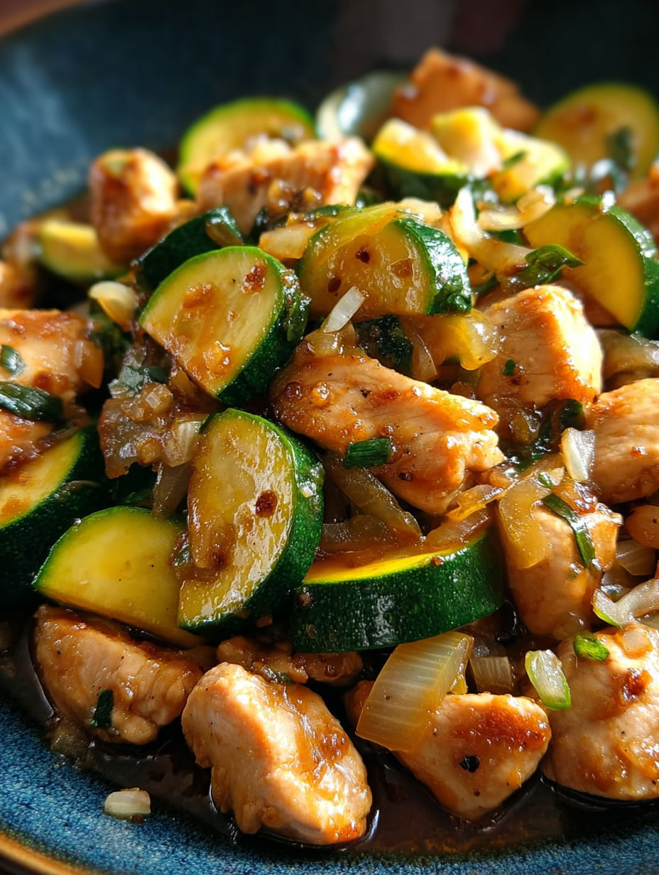 A plate of chicken with zucchini.