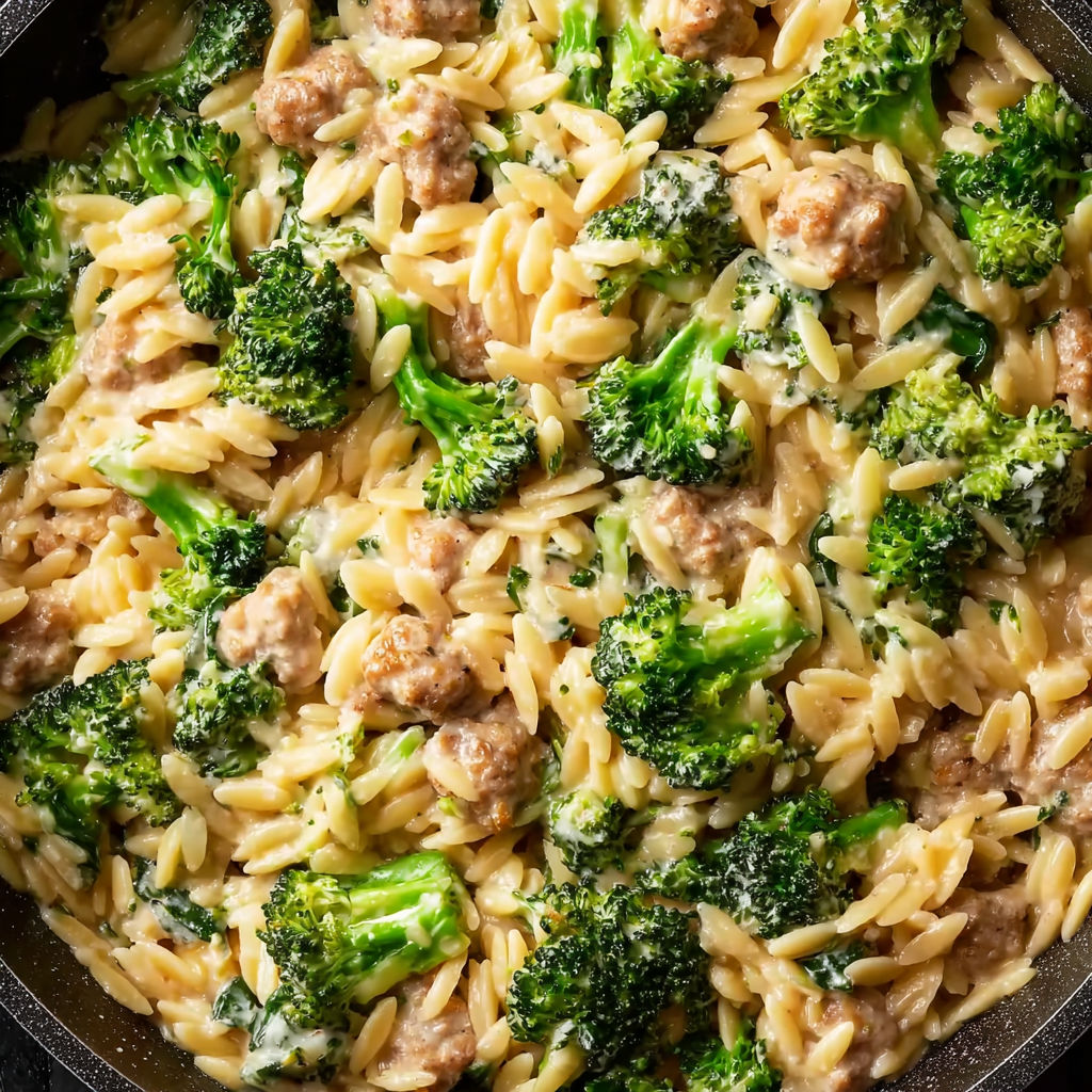 A bowl of chicken and broccoli orzo.