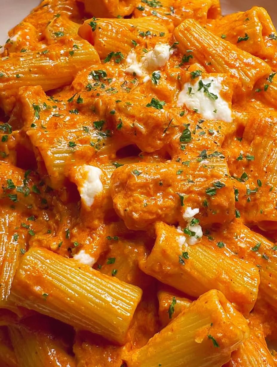 A plate of rigatoni alla vodka with cheese and herbs.