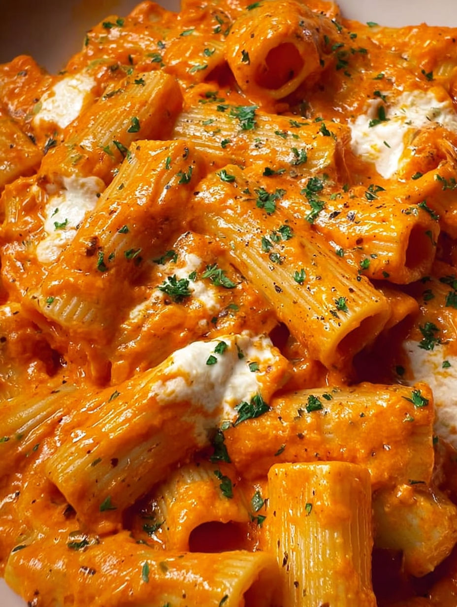 A close up of rigatoni alla vodka.