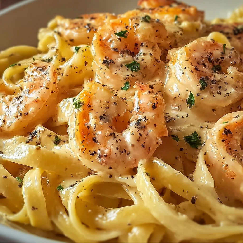 A bowl of spaghetti with shrimp and cream sauce.