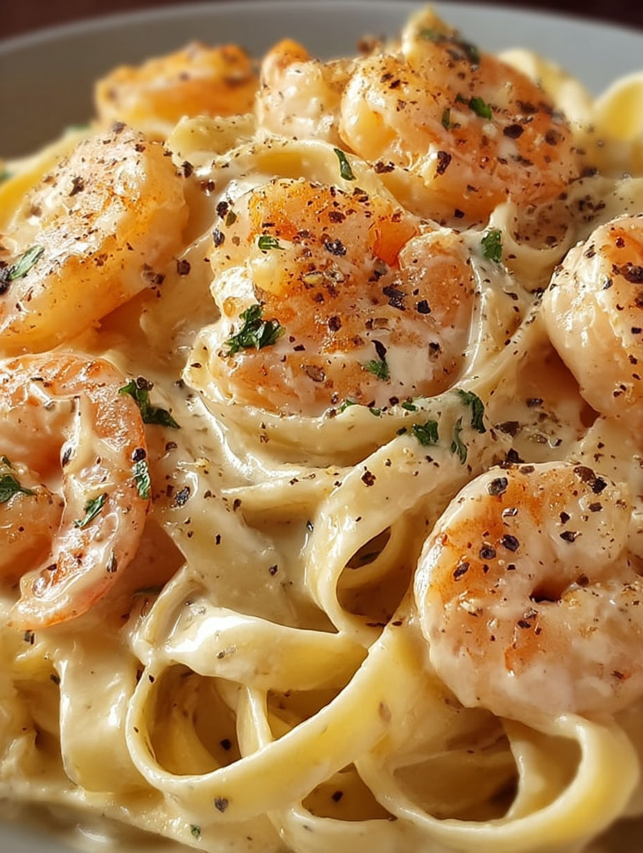 A plate of spaghetti with shrimp and cream sauce.