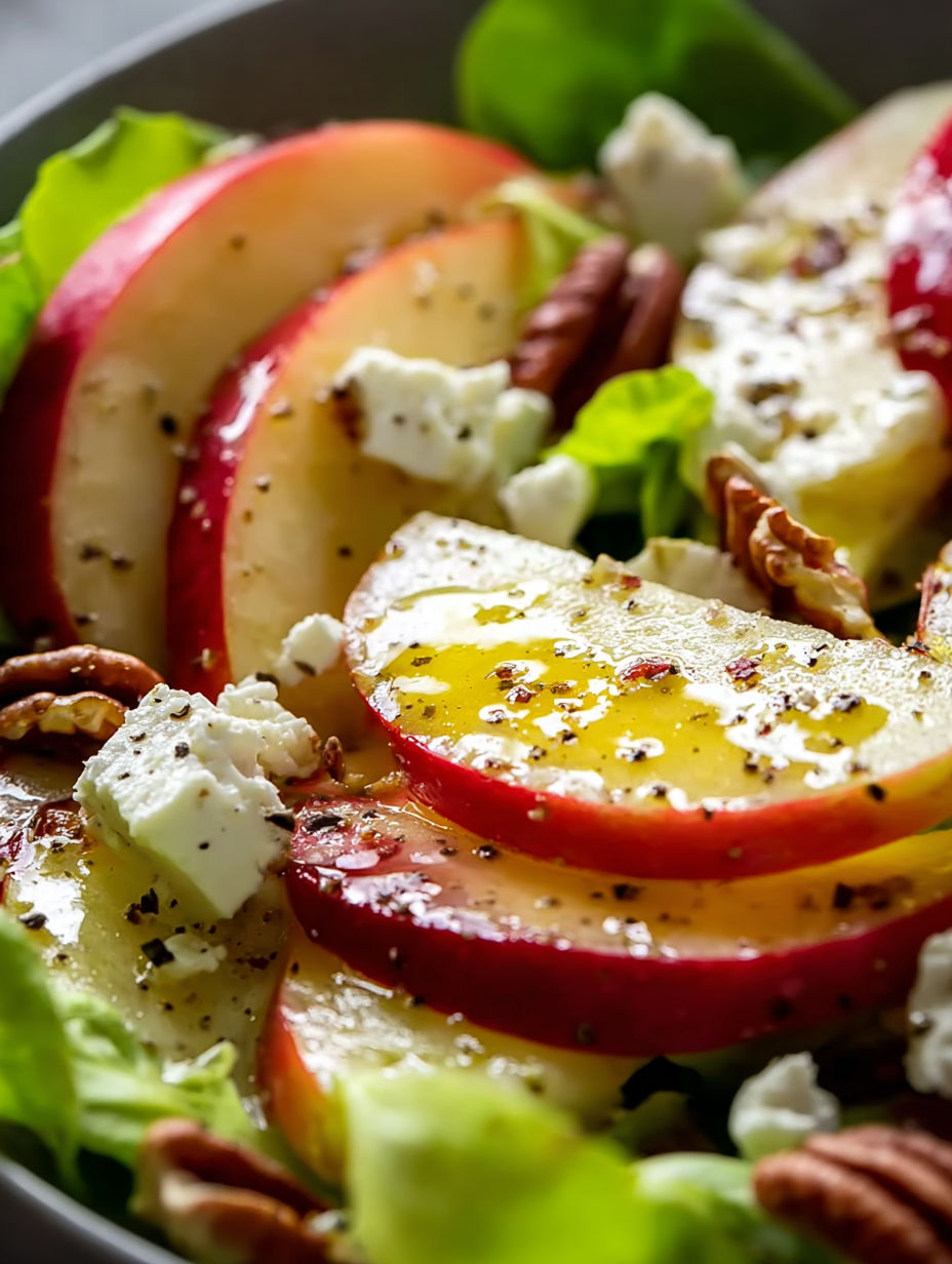 A salad with feta cheese, apples, and nuts.