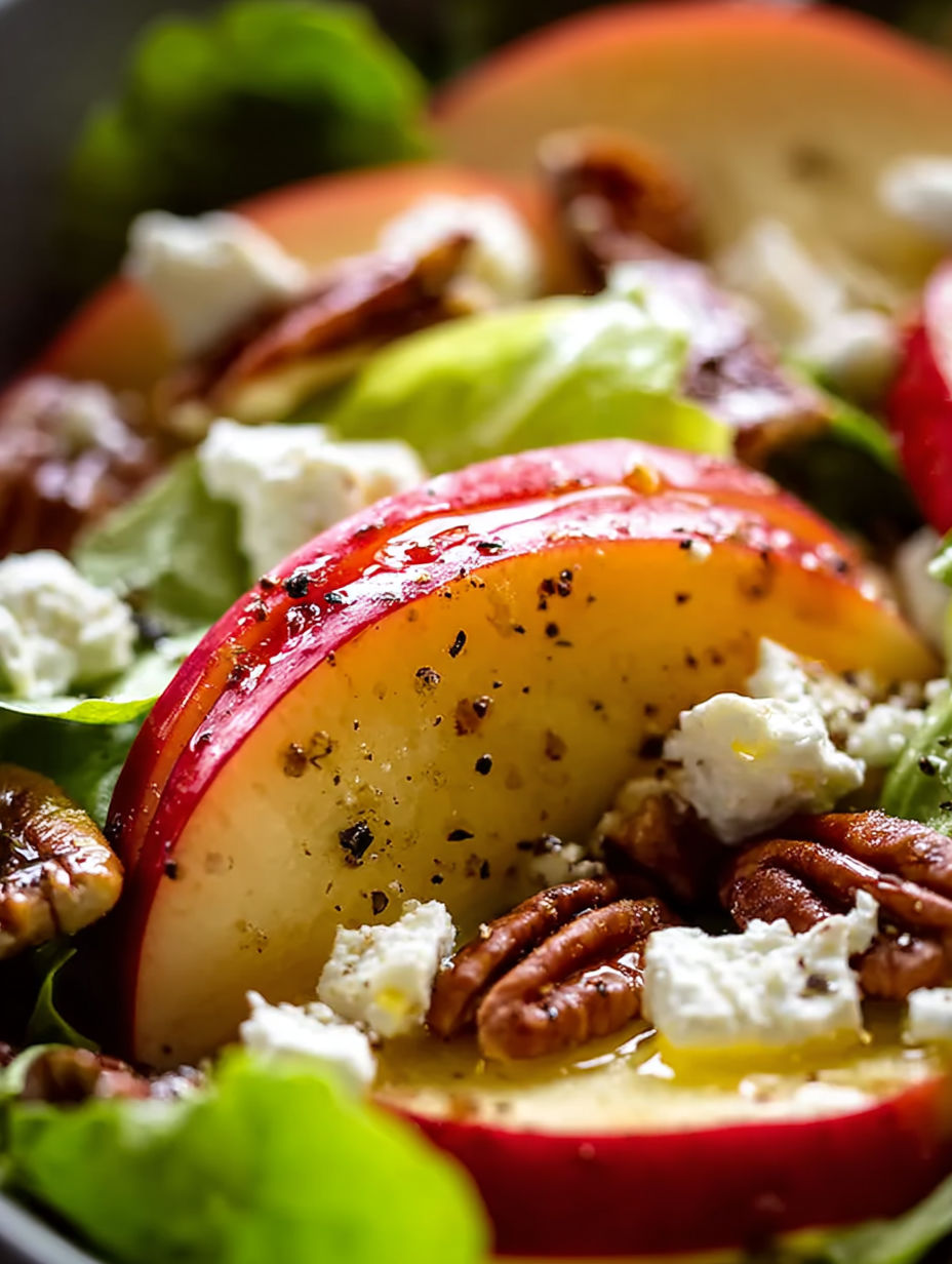 A close up of a Honeycrisp apple with feta cheese and nuts.